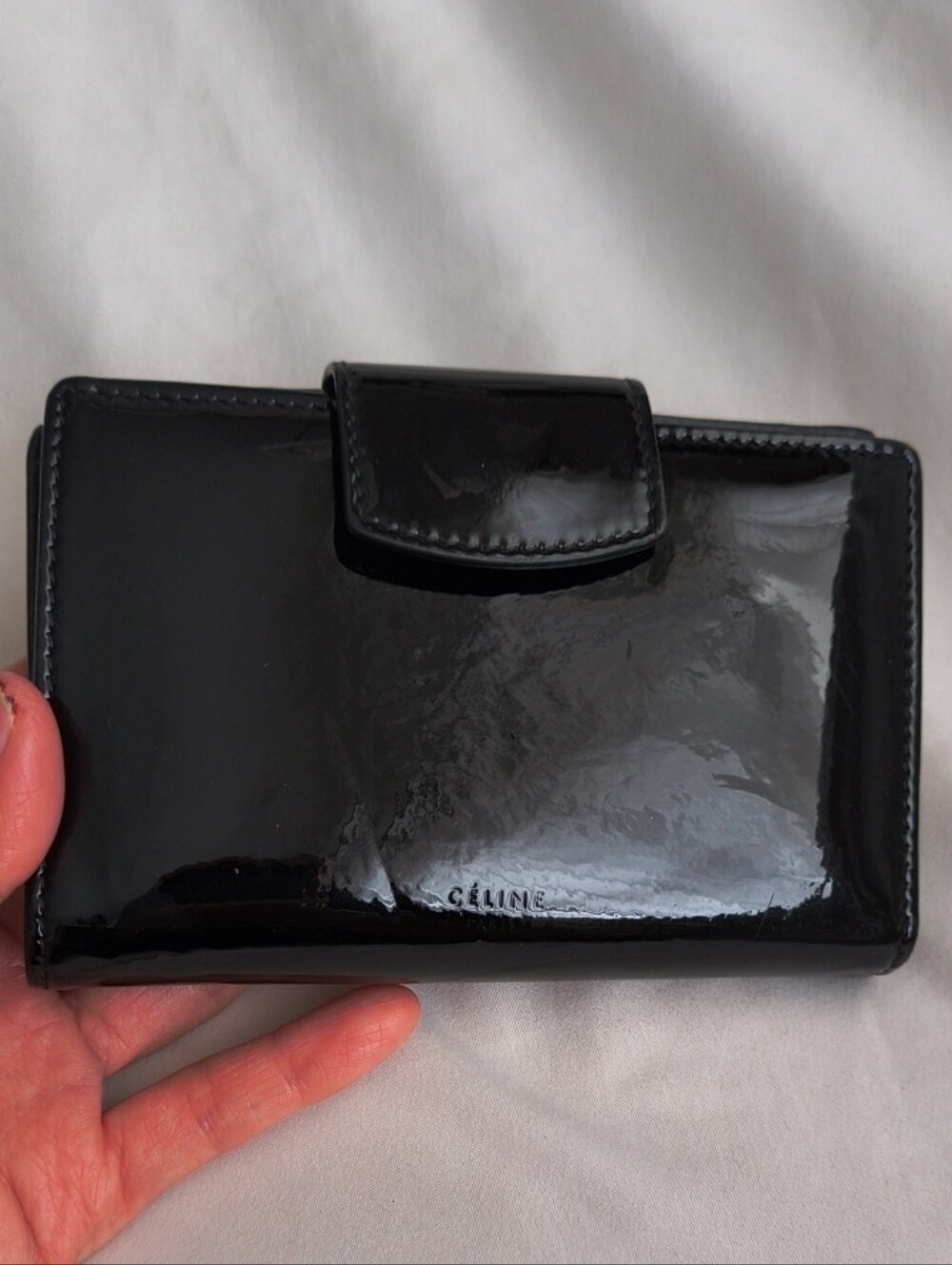 Celine Black Patent Leather Wallet with Snap Closure